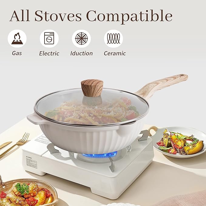 Pots and Pans Set Non Stick, 17Pcs Kitchen Cookware Sets, Granite Stone Induction Cookware Non Stick Cooking Set w/Frying Pans, Saucepans, Saut챕 Pan (PFOA Free), Cream White