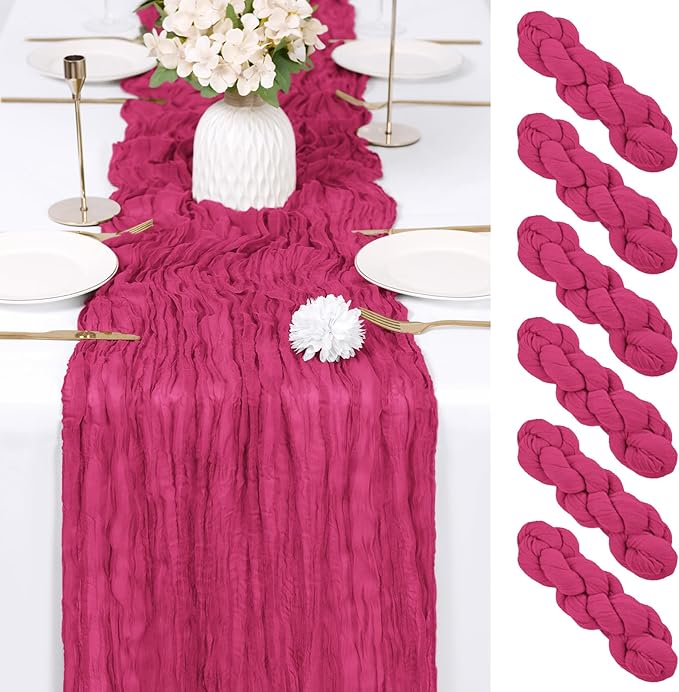 RealBox 6 Pack Hot Pink Cheesecloth Table Runner 17x108 Inch Semi Sheer Boho Gauze Cheese Cloth Fabric Table Runners Table Decor for Wedding Party Baby Shower Birthday Home Decor Garden Farmhouse