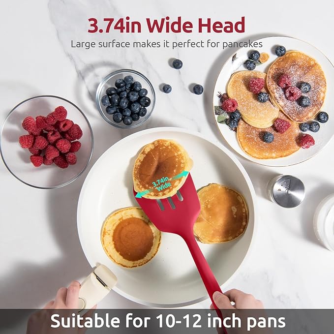 600쨘F Heat Resistant Slotted Turner: U-Taste 13.6in Silicone Kitchen Spatula Flipper, 3.74in Wide Food Grade Flexible Thin Rubber Cooking Utensil for Egg, Pancake, Cookie in Nonstick Cookware (Red)