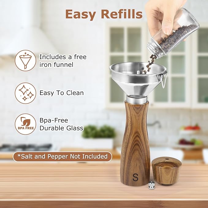2 Pack Acacia Wood Salt and Pepper Grinder Set ??8??Manual Mills with Adjustable Ceramic Core, Stainless Steel, Tray, Spoon, Brush & Funnel ??Rustic Wooden Gift Set for Kitchen or Table