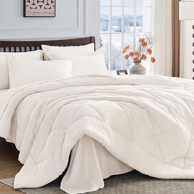 HEVUMYI Ivory King Comforter Set - 7-Piece All Season Bed in a Bag King, Ultra Soft Bedding Set with Comforter, Flat Sheet, Fitted Sheet, Pillowcases, Pillow Shams