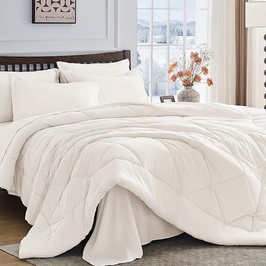 HEVUMYI Ivory Cali-King Comforter Set - 7-Piece All Season Bed in a Bag Cali-King, Ultra Soft Bedding Set with Comforter, Flat Sheet, Fitted Sheet, Pillowcases, Pillow Shams
