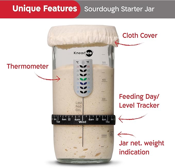 KneadAce Sourdough Starter Jar With Date Marked Feeding Band, Thermometer, Sourdough Jar Scraper, Sourdough Container Sewn Cloth Cover & Metal Lid, Sourdough Starter Kit