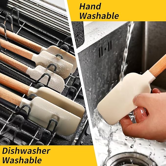 Non-Stick Rubber Spatula Set 5 Pieces - Food Grade Silicone Spatulas, Spoon Scraper, Jar Scraper, Flat Scraper for Baking Cooking Mixing Frosting - 600째F Heat Resistant (Cream White)