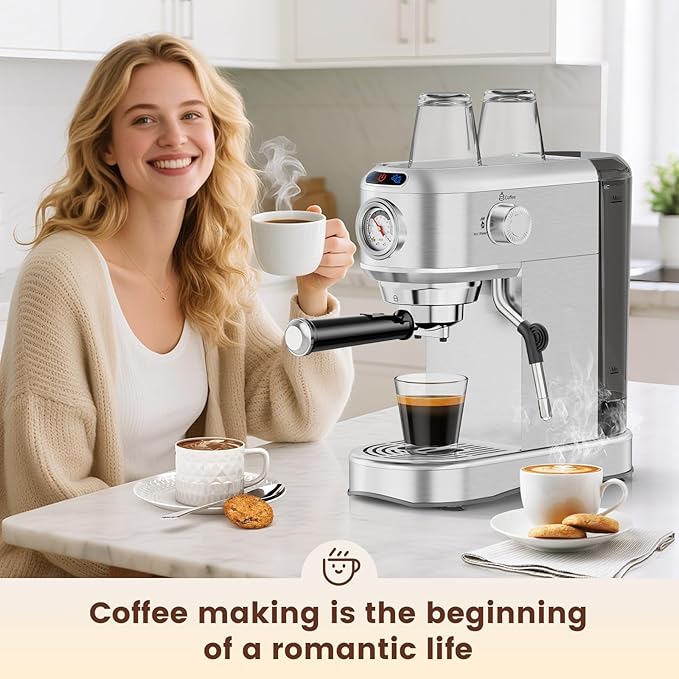 Espresso Machine 20 Bar, Compact Espresso Maker, Stainless Steel Professional Expresso Coffee Machines with Steam Milk Frother & 34oz Removable Water Tank for Home & Office, Latte, Cappuccino, Silver