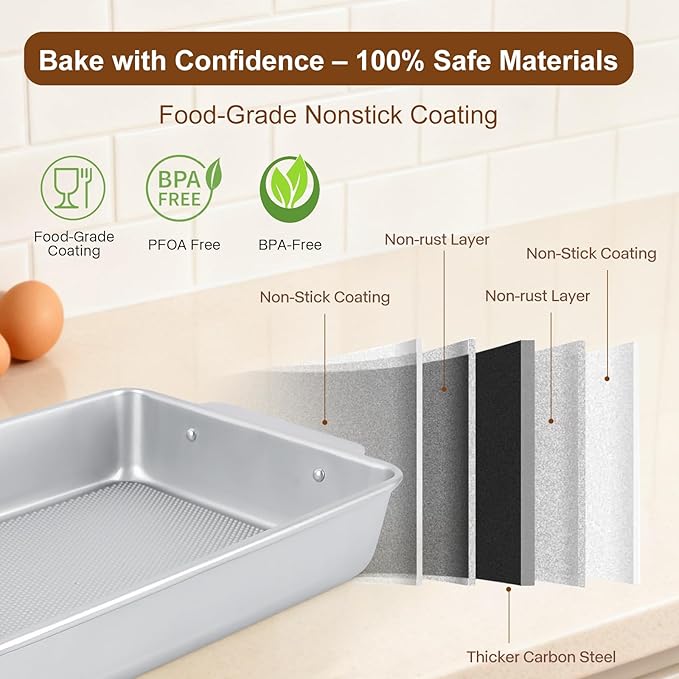 Logario 9x13 Baking Pan, Commercial Grade Heavy-Gauge Aluminized Steel (2.3 lbs), Warp-Resistant Textured Nonstick Cake Sheet for Brownies & Lasagna, Wire-Reinforced Rim, Silver