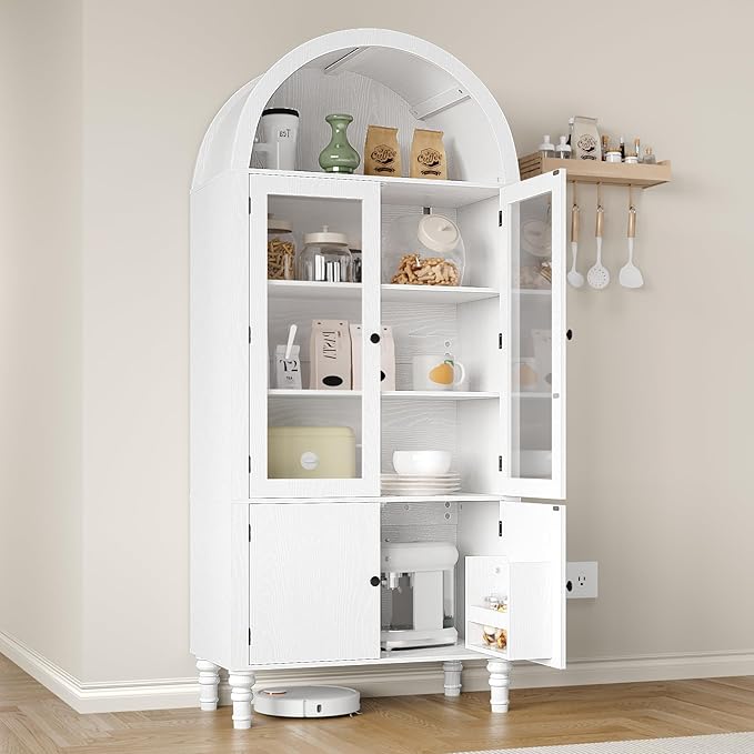 71" Tall Arched Pantry Cabinet, Modern Kitchen Storage Cabinet with Doors, 3 Adjustable Shelves, Door Shelves, Organizer, Versatile Cupboard for Kitchen, Bathroom, White