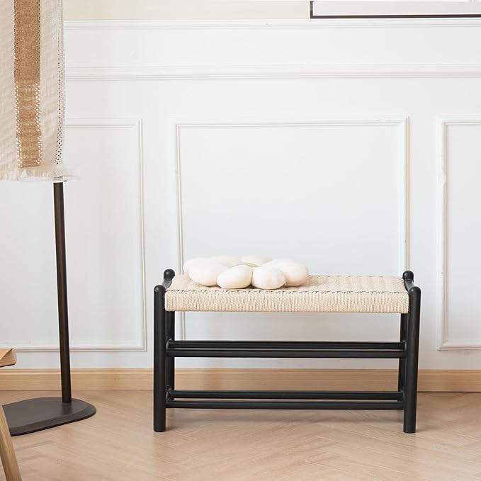 XINNAN Solid Wood Entryway Bench with Shoe Storage, Rustic Oak Wood and Woven Design 31.5 Inch Long Seating for Living and Dining Rooms, 3-Tier Black