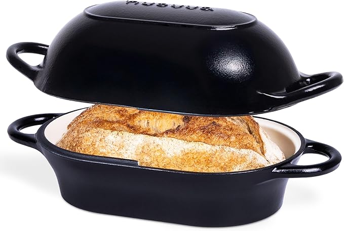 nuovva Dutch Oven For Sourdough Bread Baking ??Enamelled Cast Iron Bread Loaf Pot ??Oven Safe Non Stick Bread Pot ??Rectangular, Black, 24cm x 16cm