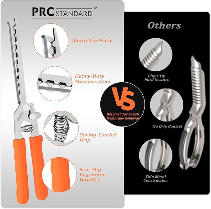 PRC STANDARD Rib Membrane Remover Tool, 304 Stainless Steel Rib Skin Puller with Sharp Tip, Non-Slip Silicone Handle, Heavy-Duty BBQ Rib Membrane Peeler for Pork Ribs, Grill & Smoking Prep Orange