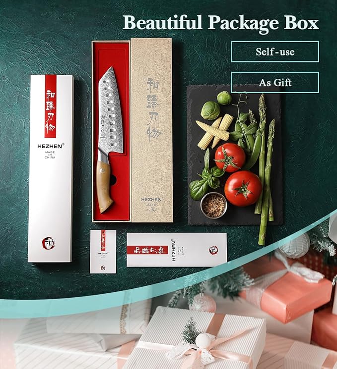 HEZHEN Damascus Santoku Knife, 7 Inches, 67 Layers Damascus Steel, Ultra Sharp Blade, Japanese Chef Knife for Professional Chefs and Home Cooking, Linen Micarta Handle, Gift Packing