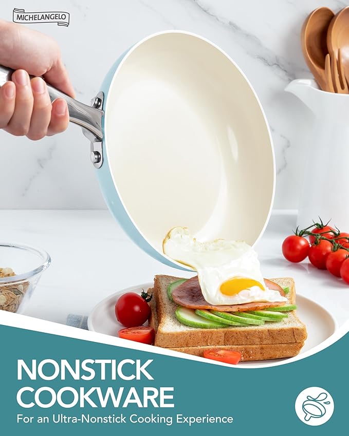 MICHELANGELO Pots and Pans Set Non Stick - Ceramic Cookware Set Non Toxic, 8-Pcs Nonstick Pots and Pans with Ergonomic Handle, Dishwasher Safe & Induction Compatible, Blue