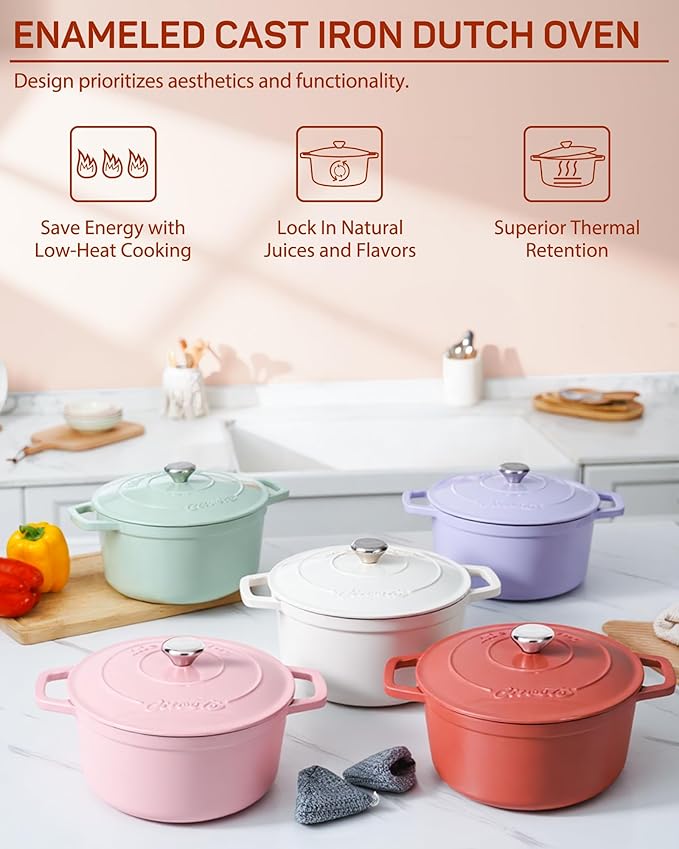 Enameled Cast Iron Dutch Oven ??4.4 Quart Pot with Lid & Potholders ??Heavy-Duty Cookware for Bread Baking, Braising, Stews & Roasting ??Oven & Stovetop Safe up to 500째F ??Red