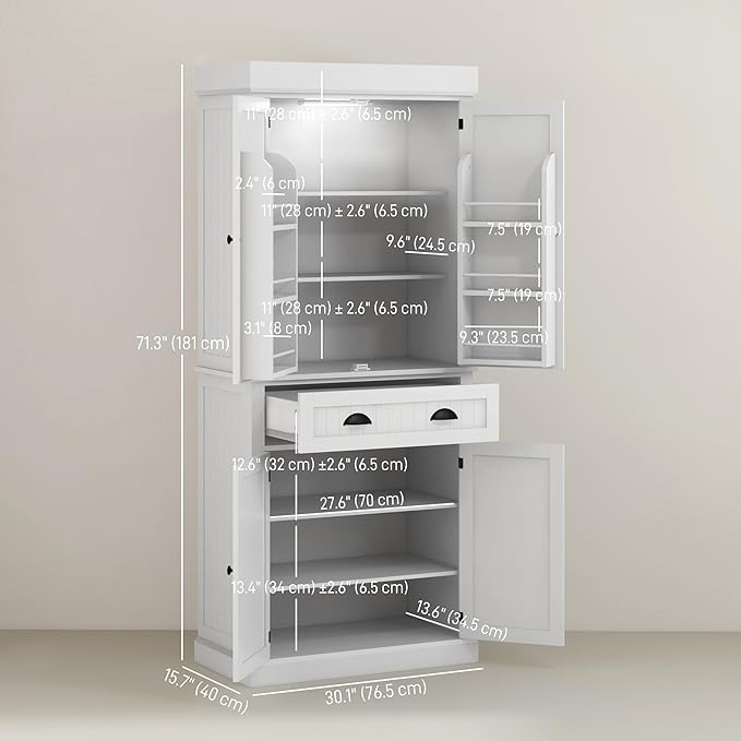 HOMCOM 71" Kitchen Pantry Cabinet with LED Motion Sensor Light, Tall Storage Cabinet with 6 Door Shelves, Drawer & Adjustable Shelves, for Living & Dining Room, White