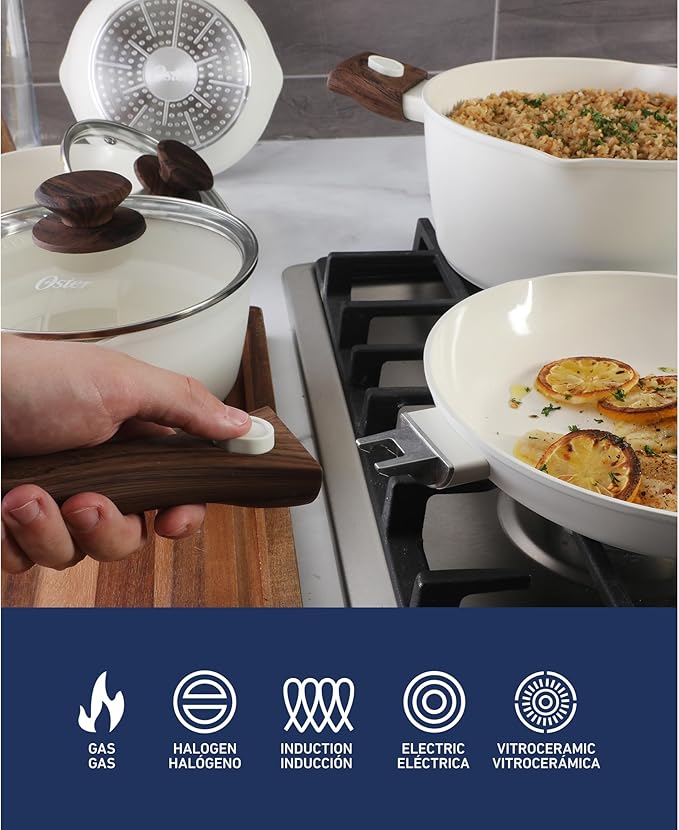 Oster SmartHandle Advance 18-Piece Ceramic Nonstick Cookware Set ??Matte Linen Finish, Induction, Detachable Handles, Oven & Dishwasher Safe Pots Pans, w/Utensils & Pan Protectors