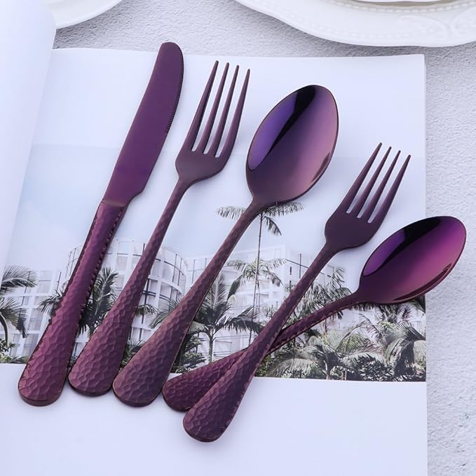 Purple Silverware Set, 20 Piece Premium 18/8 Stainless Steel Hammered Kitchen Utensil Flatware Cutlery Sets of 4, Mirror Polish, Dishwasher Safe