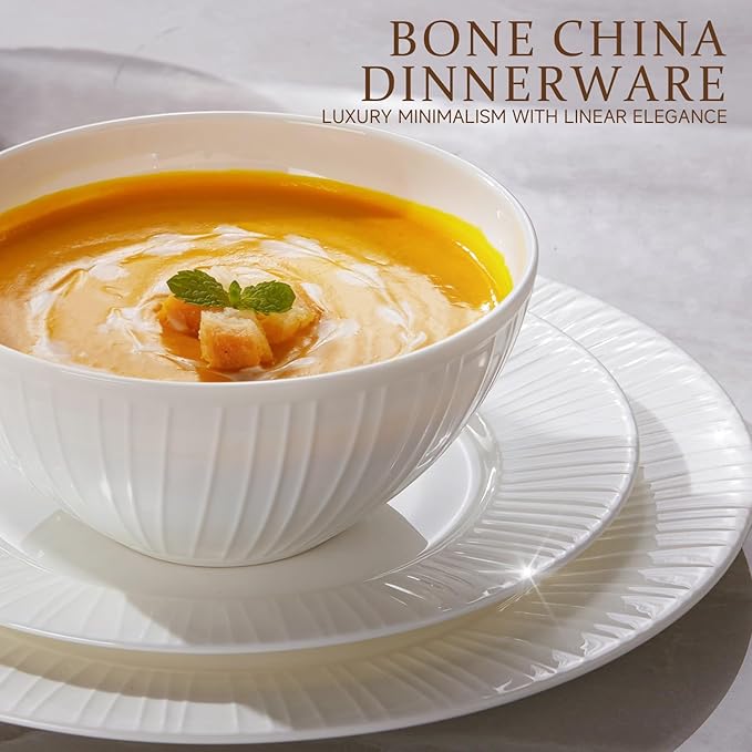 KINGSTONE 12-Piece Bone China Dinnerware Set with 20-Piece flatware, White Lightweight Porcelain Service for 4, for Family Dining, Restaurants, Gifting竊똌icrowave and Dishwasher Safe