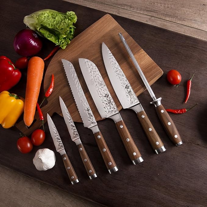 BGT 7 & 8 Inches Japanese 67 Layer High Grade VG-10 Super Damascus Steel Knives, Sharp Professional Hammered Kitchen Knife with Teak Handle (Silver Blade)