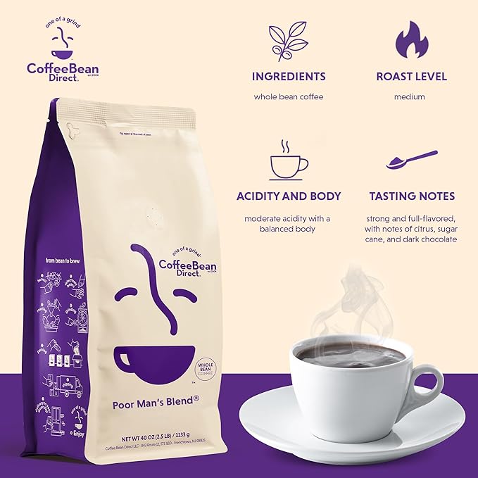 Coffee Bean Direct Poor Man's Blend짰, Whole Bean Coffee, Medium Roast, 1 Pound Bag (Pack of 1)