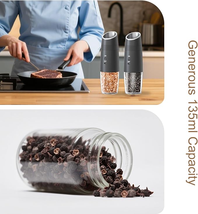 Electric Salt and Pepper Grinder Set ??Rechargeable Gravity Automatic Pepper Mill Gift Set with LED Light & 6 Adjustable Coarseness