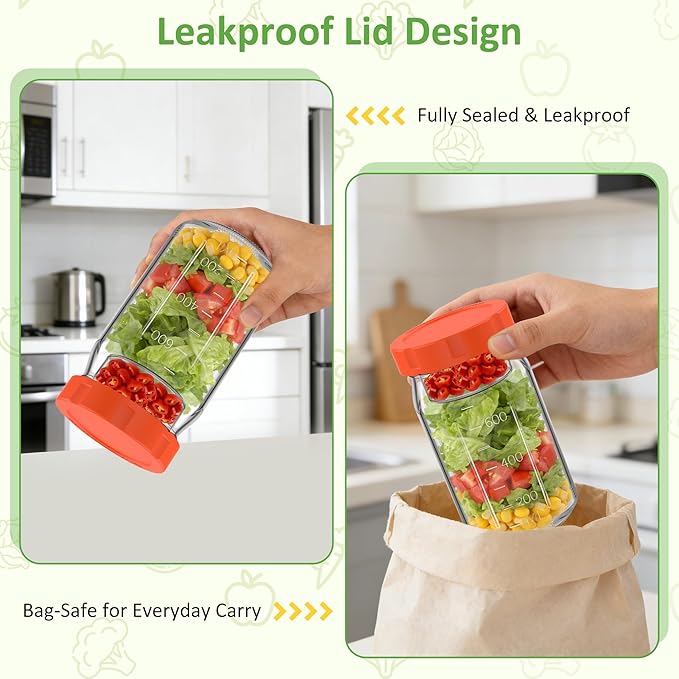 4Pack Glass Salad Jars with Lids, 32oz Salads Mason Jars with Wet/Dry Separation Cup, Meal Prep Salad Containers for Lunch, Leakproof Wide Mouth Food Storage Containers, BPA-Free Reusable (Orange)