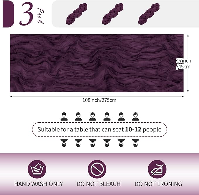 RealBox 3 Pack Dark Purple Cheesecloth Table Runner 17x108 Inch Semi Sheer Boho Gauze Cheese Cloth Fabric Table Runners Table Decor for Wedding Party Baby Shower Birthday Home Decor Garden Farmhouse