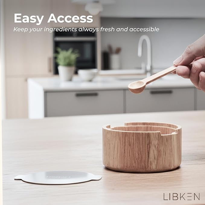 Wooden Salt Box with Stainless Steel Lid & Spoon ??Rubberwood Keeper to avoid Dust, Minimal Scandinavian Bowl for Pepper, Spices, Herbs and Salt Storage Container - Wooden