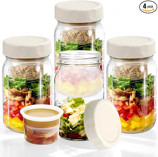4PCS Salad Jars with 2 Built-in Dressing Containers, 32Oz Cold-resistant Leak-proof Meal Prep Containers, Glass Mason Jars For Storing Salad, Honey, Soybeans, etc. (White)