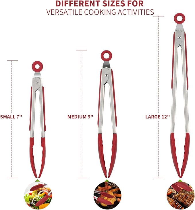 U-Taste Kitchen Tongs, 7/9/12 inches Cooking Tongs, with 600쨘F High Heat-Resistant Non-Stick Silicone Tips, 18/8 Stainless Steel Handle, for Food Grill, Salad, BBQ, Frying, Serving, Pack of 3(Red)