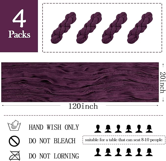 4 Pack Dark Purple Cheesecloth Table Runner 20 x 120 inch Gauze Table Runners 10 FT Long,Semi Sheer Boho Cheese Cloth Fabric Table Runner Bulk for Party,Wedding,Baby Shower,Bridal Shower Decoration