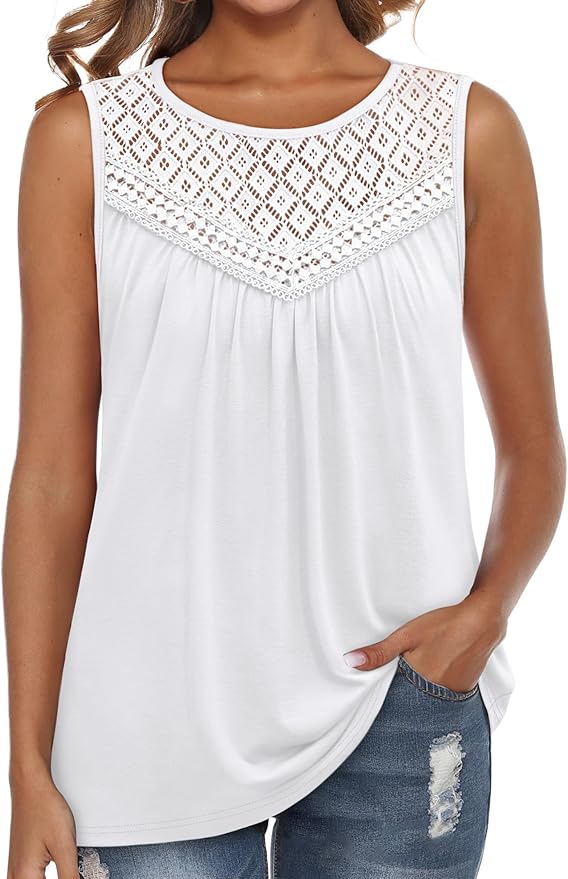XIEERDUO Womens Tank Tops Sleeveless Lace Crochet Boho Tops Loose Fit Pleated Tunics Crewneck Summer Vacation Outfits Flowy