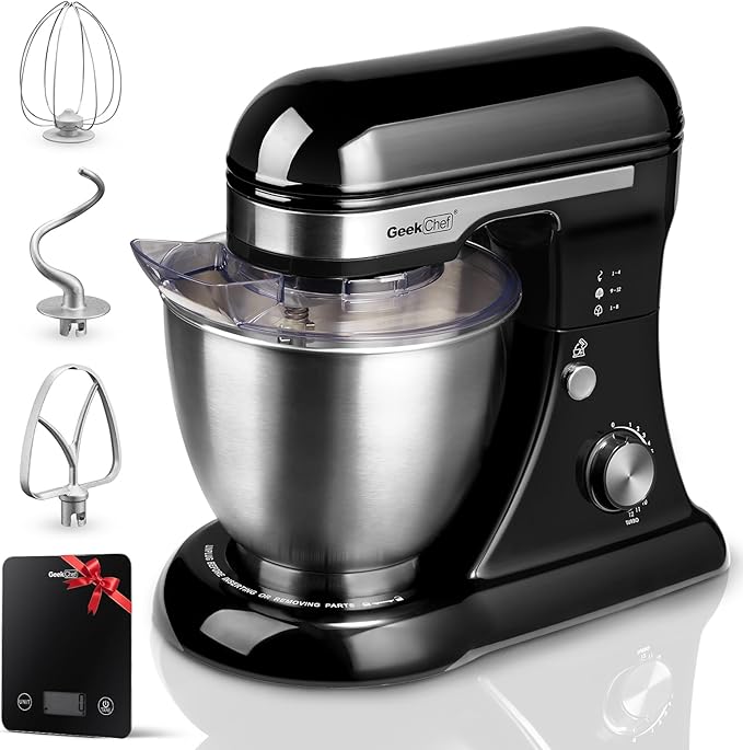 Geek Chef 3-IN-1 Stand Mixer, 4.8QT, 12 Speeds Tilt-head Food Mixer with Dough Hook, Whisk, Beater and Digital Scale with App, Black