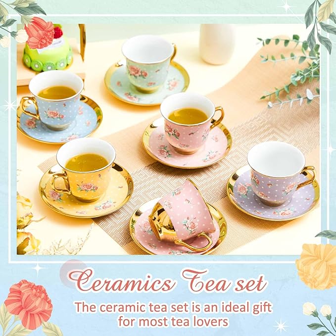 Set of 12 Tea Cups and Saucers Tea Party Decorations Floral Porcelain 5.4 oz British Gift for Women Birthday Party, Church, and Mother's Day (Vintage Style)