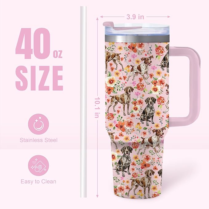 Yogusut German Shorthaired Pointer Gifts for Women, 40oz Stainless Steel Insulated Tumbler Travel Mug Cup with Handle Straw, Gifts for Dog Mom Dog Lover