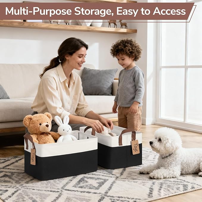 CHICVITA 4 Pack Storage Baskets for Shelves, Foldable Closet Baskets for Organizing, Fabric Storage Bins with Handles, Towel Organizer for Closet, 14.8" x 10.3" x 8.3", Black & White