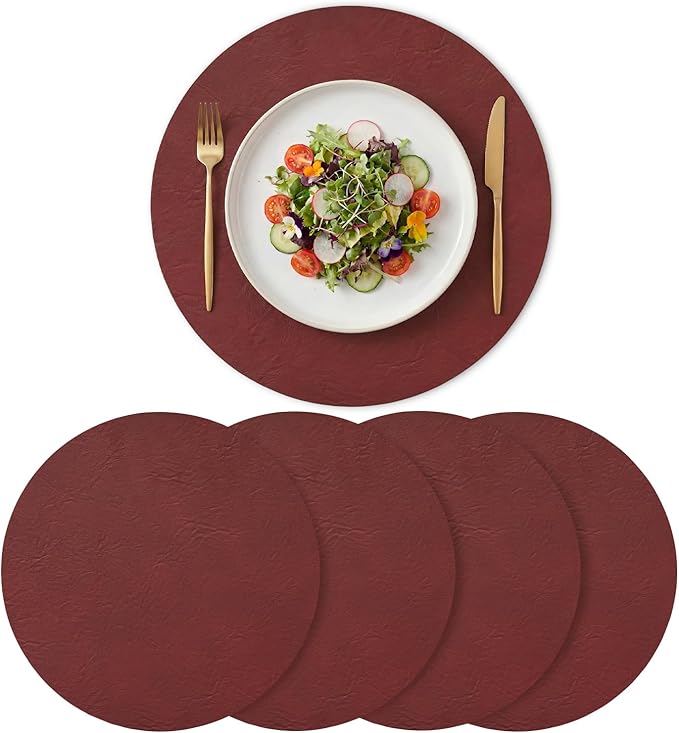 Artoid Mode Red Faux Leather Placemats Set of 4, 15 Inch Waterproof Wipeable Heat Resistant Place Mats, Reversible Table Mats for Christmas Kitchen Dining Decor