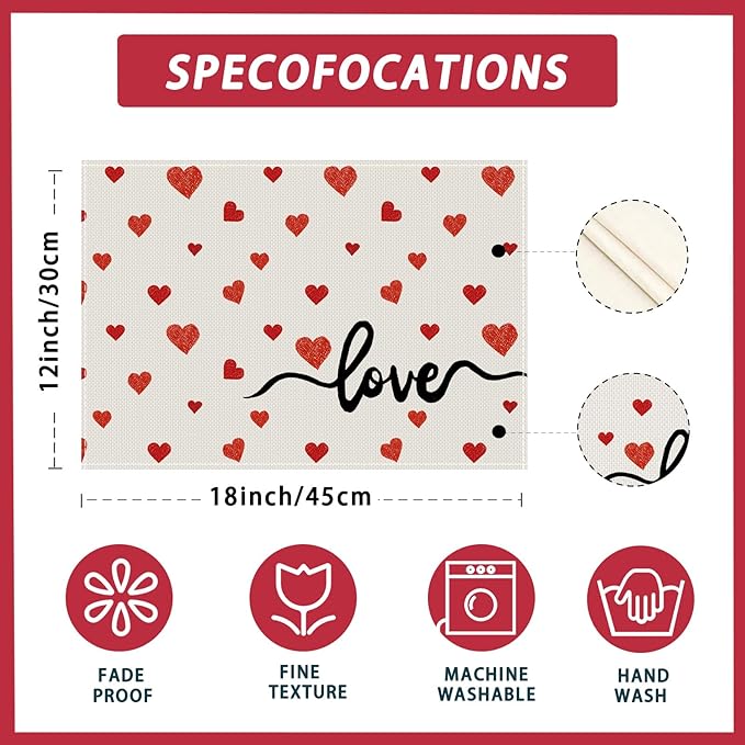 XCHI Red Little Love Hearts Valentine's Day Placemats Set of 8 Table Mats for Party Home Kitchen Dining Table Decorations 12x18 Inch