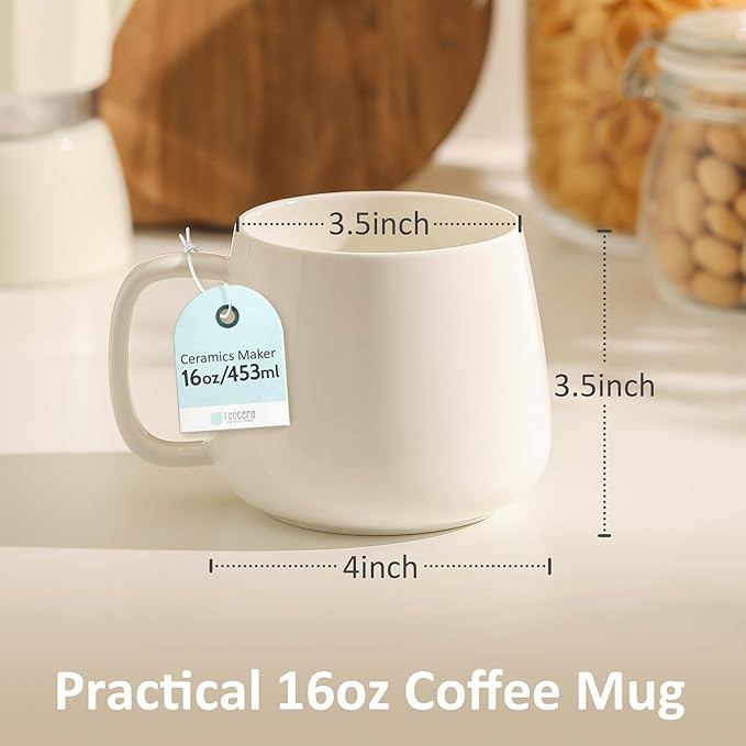 Teocera 16oz Ceramic Coffee Mugs Set of 4 ??Stackable Latte Cups, Microwave, Dishwasher & Oven Safe ??Ideal for Coffee, Cappuccino, Hot Chocolate, Housewarming Gifts竊똚hite