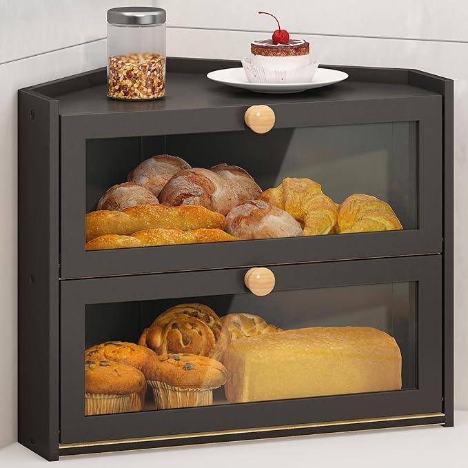 Black Corner Bread Box for Kitchen Countertop, Large Bread Container Storage Bamboo Wooden Farmhouse Bread Box with Window Bread Holder
