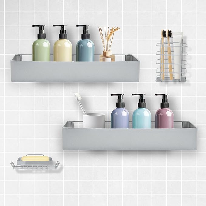 Premium Shower Caddy, Adhesive Bathroom Shower Organizer and Storage, No Drill Shower Shelves for Inside Shower, Rustproof Shower Storage Rack 4 Pack Silver