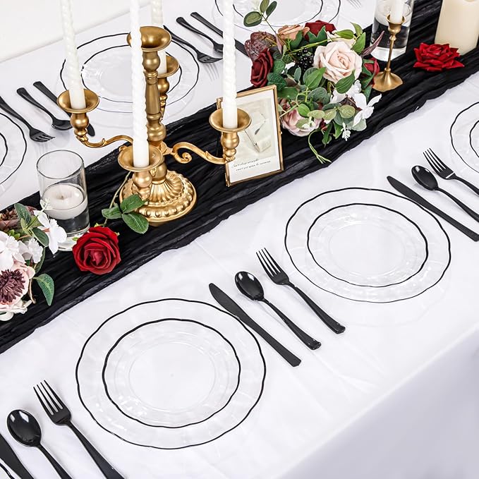 EI 150pcs Clear and Black Plastic Plates Dinnerware Disposable Party Set for 30Guests,Dinnerware Include 60 Clear Plates Disposable 90 Black Silverware,Perfect for Party,Business Events,Hotel