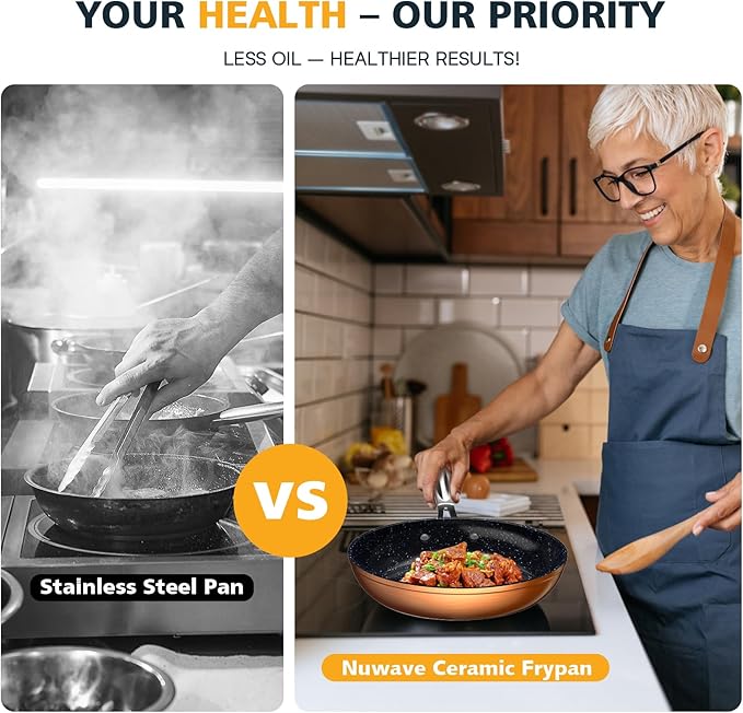 Nuwave 3-Piece 8?? 10?? 12??Forged Lightweight Frying Pan Set, G10 Healthy Duralon Blue Ceramic Ultra Non-Stick, Ergonomic Stay-Cool Handles, Induction-Ready & Works on All Cooktops