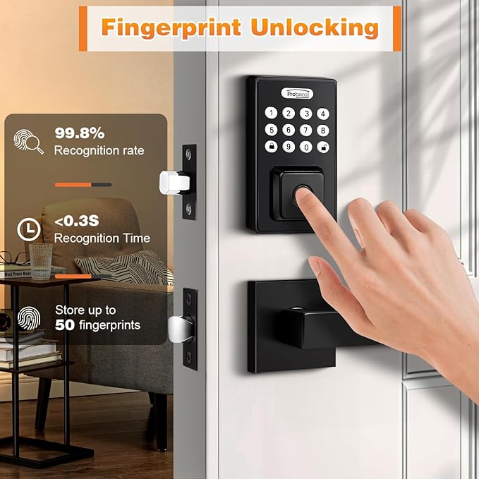 Probrico Keyless Entry Door Lock with Handle, Smart Locks for Front Door, Black Keypad Door Lock with Handle Fingerprint Lock, Electronic Keypad Deadbolt Lever, App Control, Auto Lock