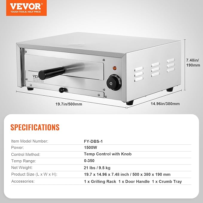 VEVOR Countertop Electric Pizza Oven, 12-inch, 1500W, 122-662??Temp Range, Stainless Steel Construction and Easy-to-Clean Crumb Tray, Suitable for Both Commercial and Home Use