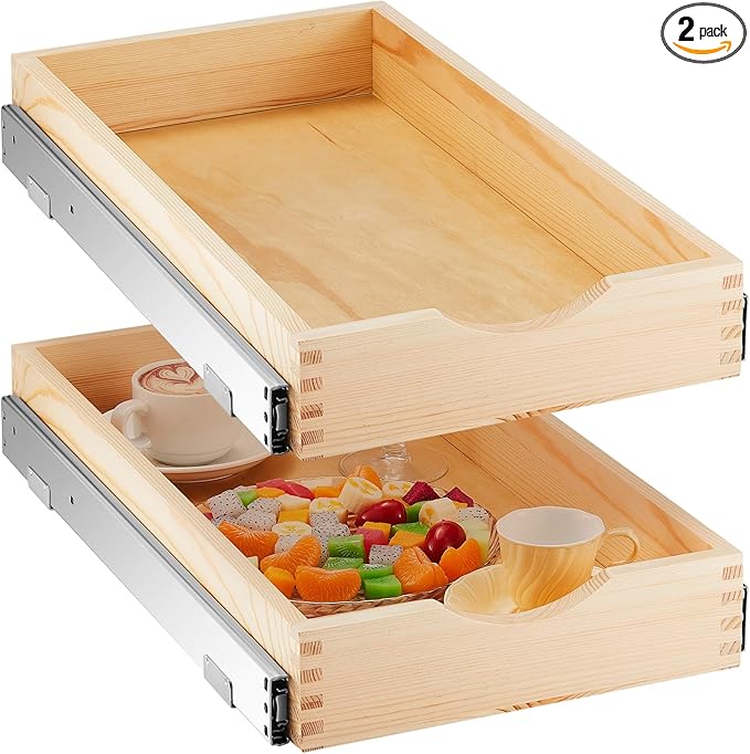 Menkxi 2 Set Pull out Tray Cabinet Organizer Wooden Pull Drawers storage Slide out Pantry Shelf for Base Cabinet Kitchen Gentle Close Fully Assembled Accessories(Wood Color,12'' X 21'' X 3")