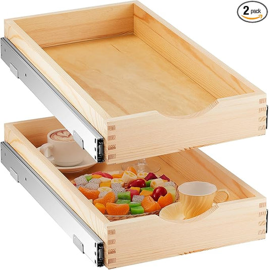 Menkxi 2 Set Pull out Tray Cabinet Organizer Wooden Pull Drawers storage Slide out Pantry Shelf for Base Cabinet Kitchen Gentle Close Fully Assembled Accessories(Wood Color,12'' X 21'' X 3")