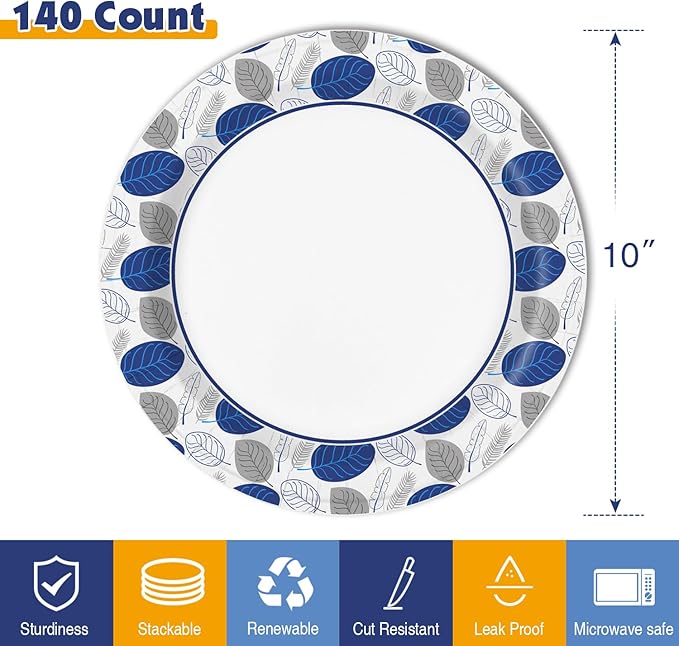 Ginkgo 140 Count Paper Plates 10 Inch, Disposable Larger Dinner Paper Plates for Family Gatherings, Parties, Picnic, Holiday and Daily Use