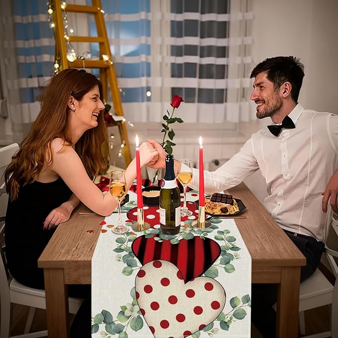 Valentines Day Table Runner 13x60 Inch, Eucalyptus Hearts Valentine Table Runner, Anniversary Home Kitchen Dining Table Holiday Party Decorations