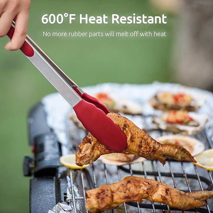 U-Taste Kitchen Tongs, 7/9/12 inches Cooking Tongs, with 600쨘F High Heat-Resistant Non-Stick Silicone Tips, 18/8 Stainless Steel Handle, for Food Grill, Salad, BBQ, Frying, Serving, Pack of 3(Red)