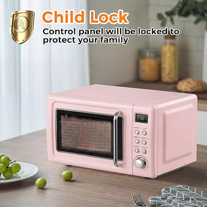 ARLIME Retro Microwave 0.7Cu.ft, 700 Watt Countertop Microwave with 5 Micro Power Defrost & Auto Cooking Function, LED Display, Child Lock, Pink Small Microwave for Kitchen, RV, Dorm